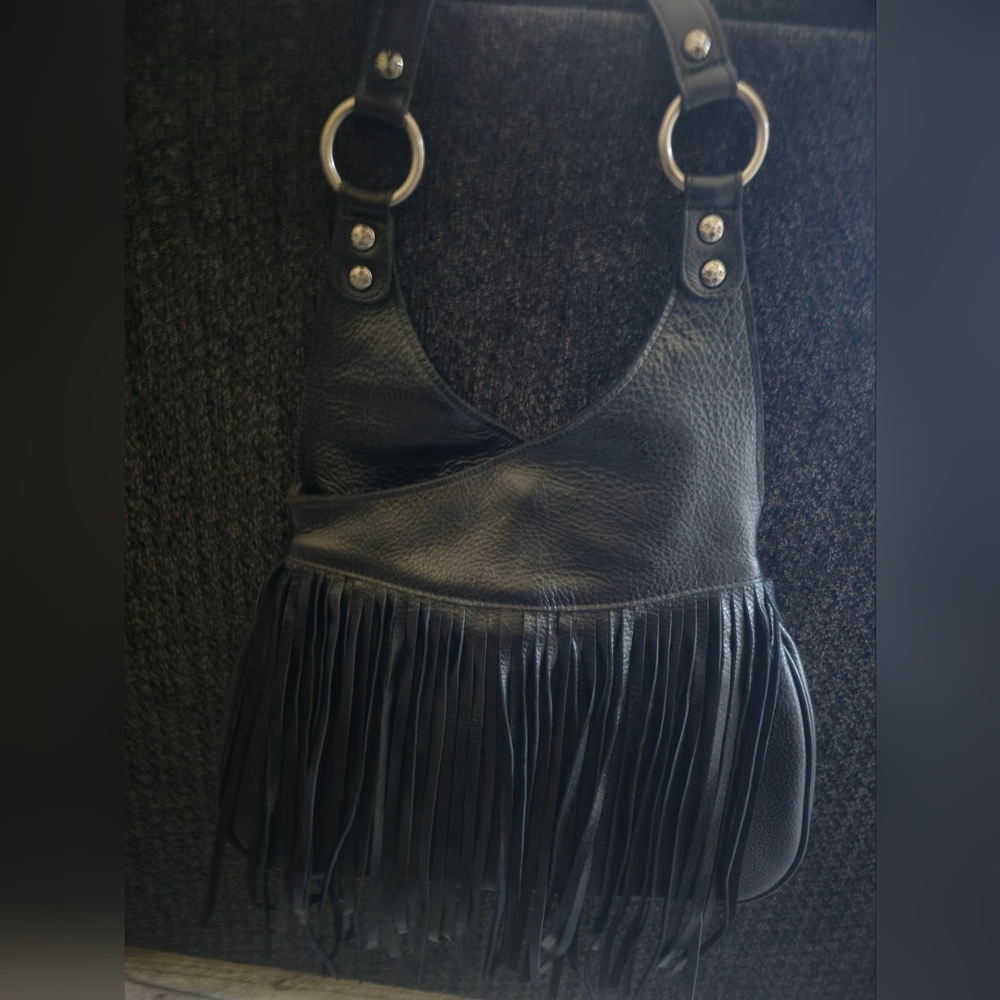 Patricia Nash Black Leather Fringe Shoulder Bag